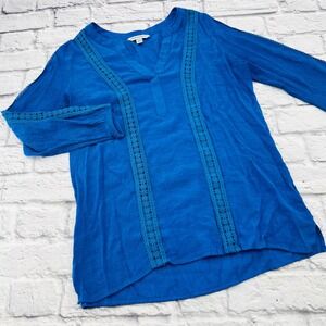 Counterparts Womens Large Blue Lace Trim Long Sleeve Popover Blouse BOHO